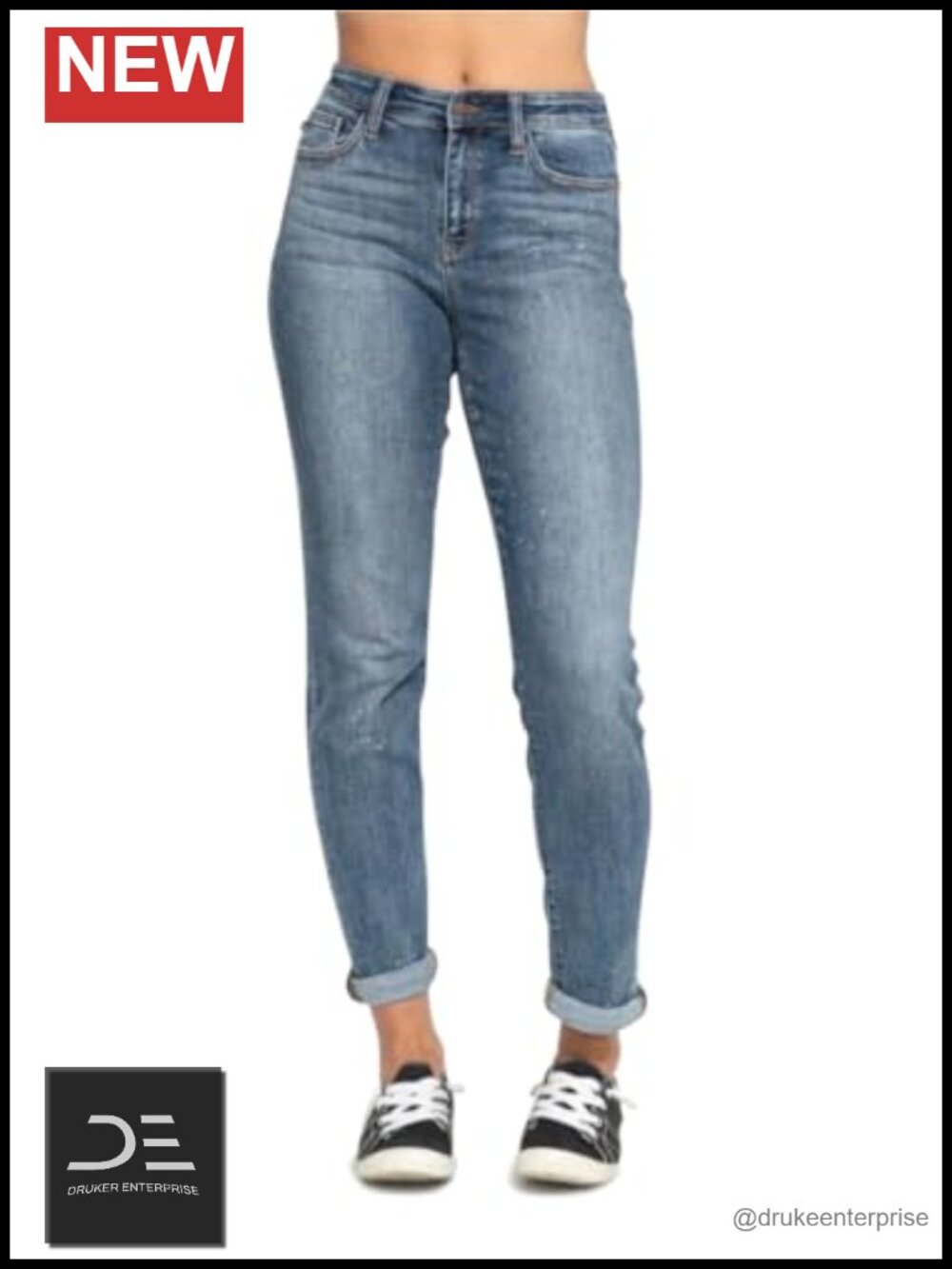 High Rise Bleach Splash Boyfriend Jeans Cotton Blend Relaxed Fit Cuffed Denim